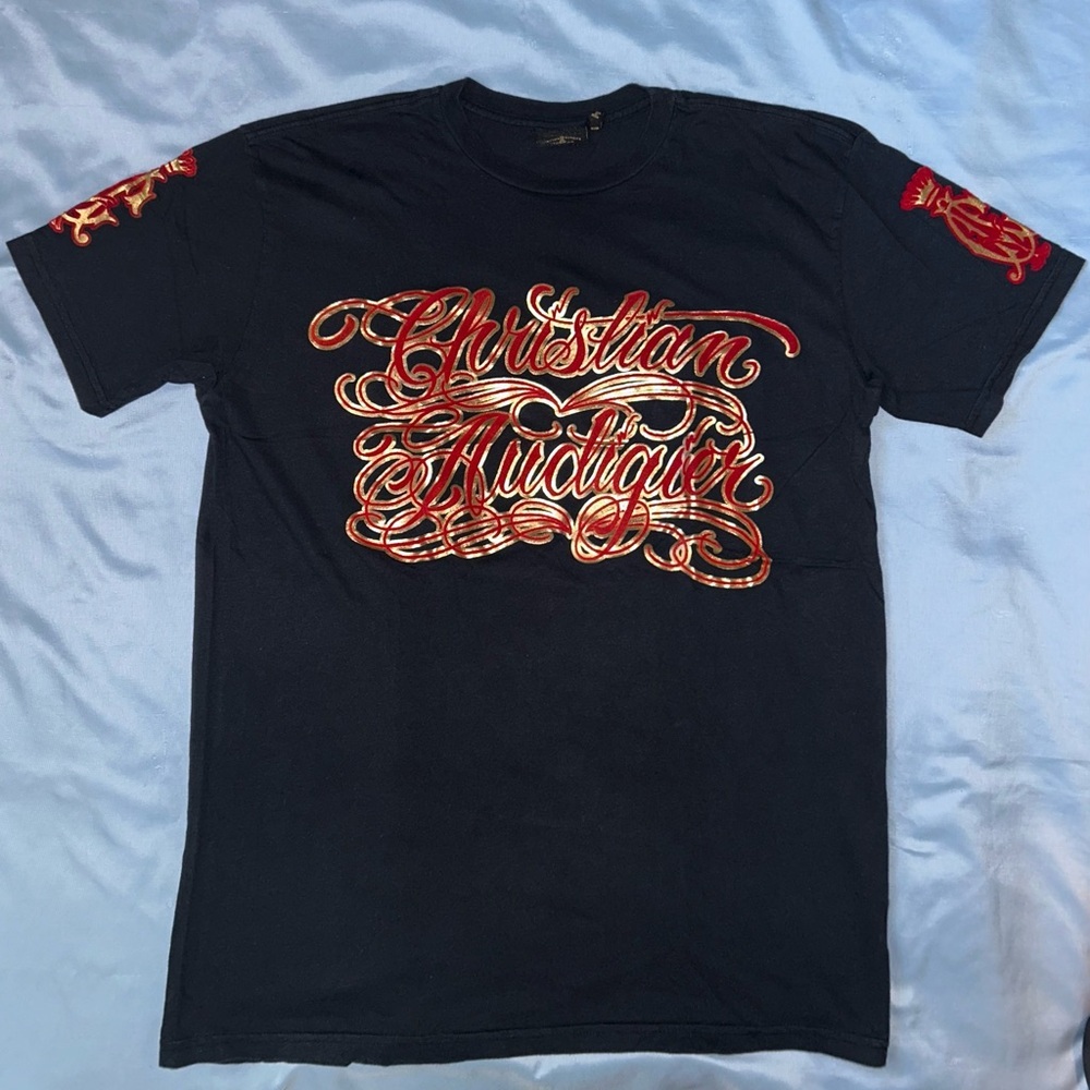 Christian Audigier Navy T-Shirt with Fiery Red Design